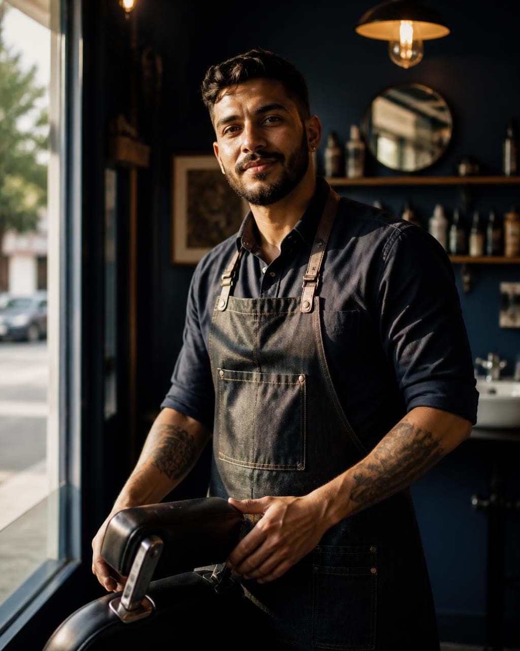 Dono de barbearia abrindo o negócio pela manhã