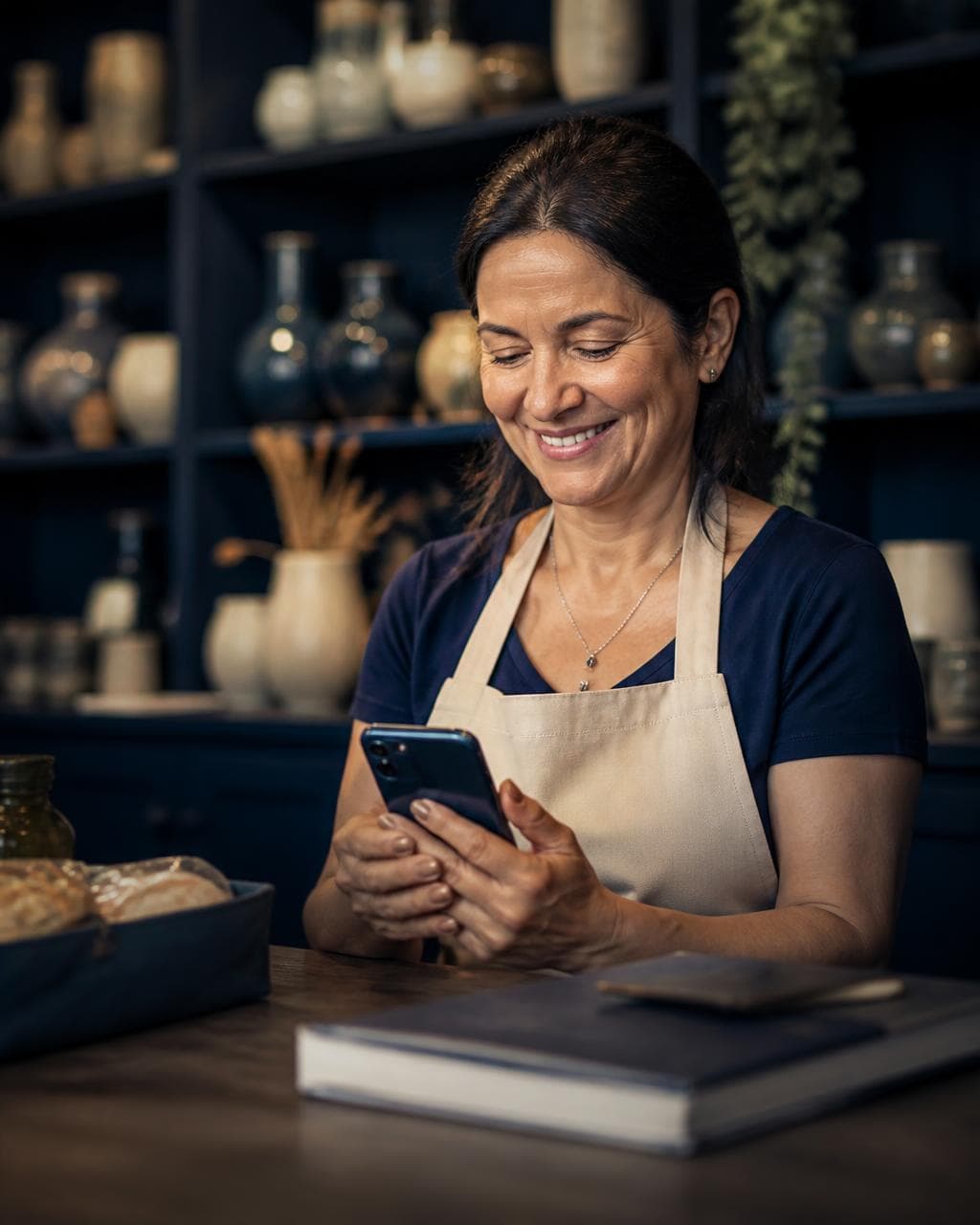 Dona de loja conferindo as contas pelo celular